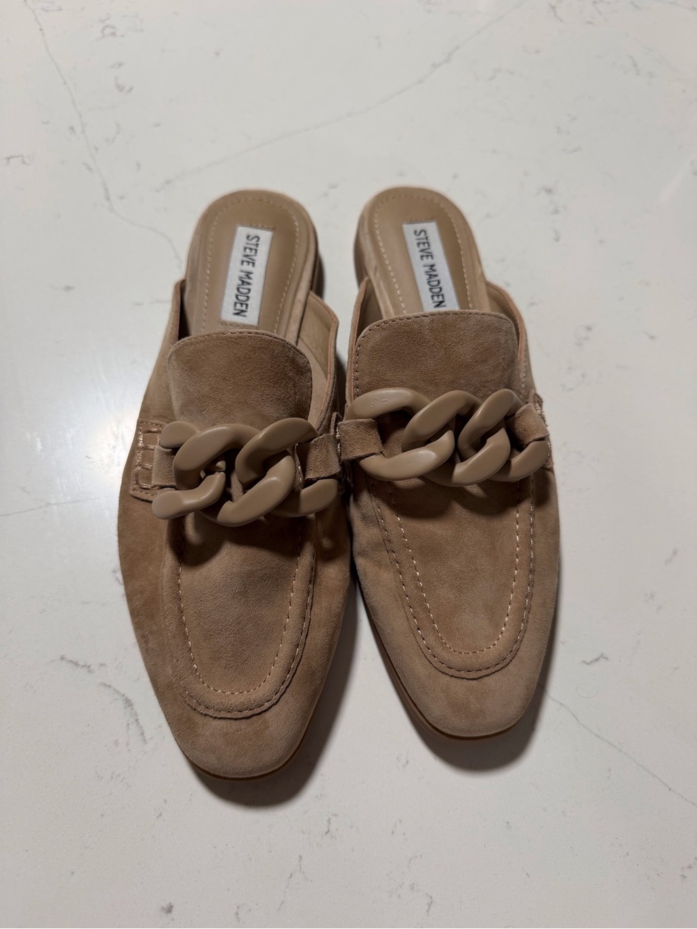 Steve Madden Cally Tan Suede Leather Chain Mule Loafers Women’s Size 7.5